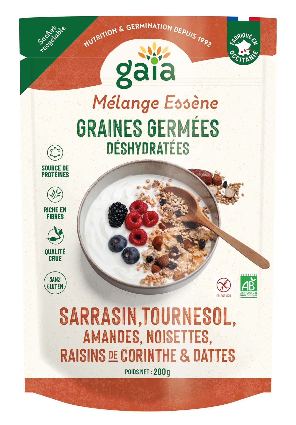Gaia -- Mélange Essènes de graines germées & fruits secs bio (petit dej & desserts) - 200 g x6