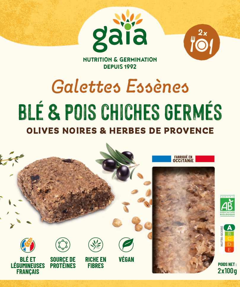 Gaia -- Galettes Essènes de blé & pois chiches germées olives noires & herbes de Provences - 2x100 g x4