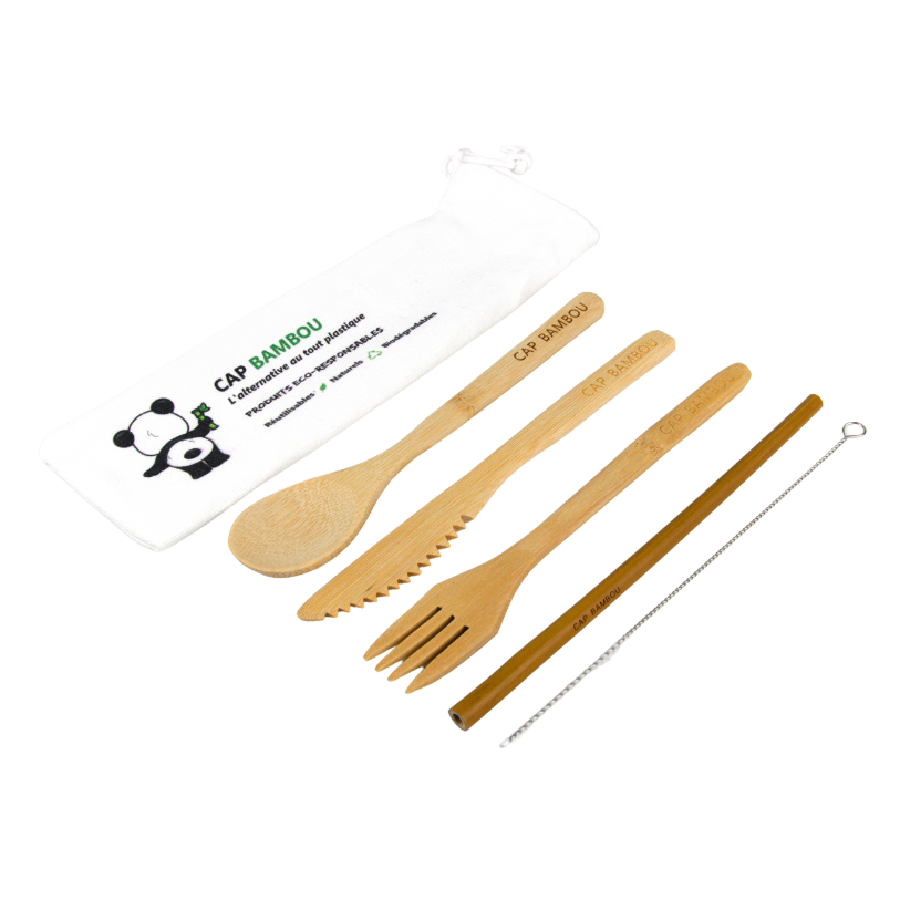 Cap Bambou -- Kit zéro déchet (3 couverts + 1 paille longue + 1 goupillon)