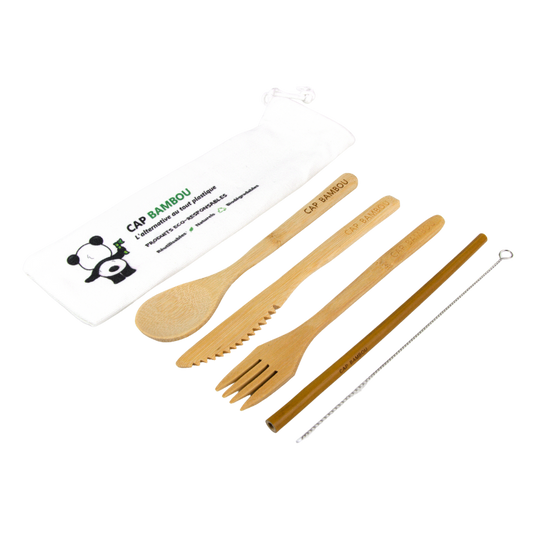 Cap Bambou -- Kit zéro déchet (3 couverts + 1 paille longue + 1 goupillon)