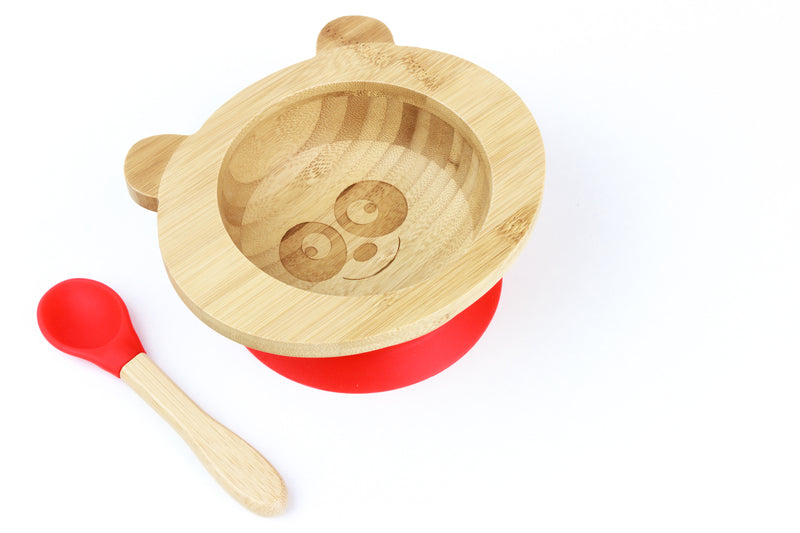 Cap Bambou --  Set de repas bébé bambou + silicone rouge (bol + cuillère)