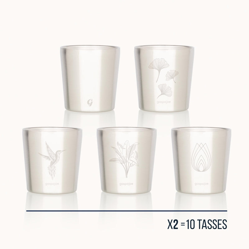 Gaspajoe -- Pack de 10 tasses arty inox double paroi gravé 2 x 5 motifs - 180 ml