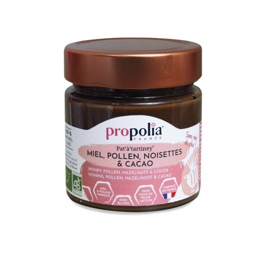 Propolia -- Pat'a'tartiney bio miel, pollen, puree de noisettes et cacao - 250g
